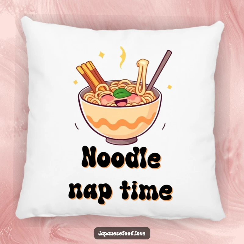 Funny ramen pillow featuring a bouncing bowl of noodles filled with glee, adding ultimate comfort and a touch of playful joy.
