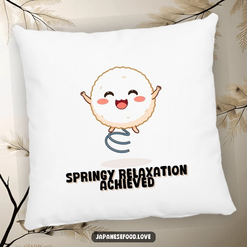 Funny pillow showcasing a cute rice ball character joyfully bouncing on a spring, adding a touch of humor to any room.