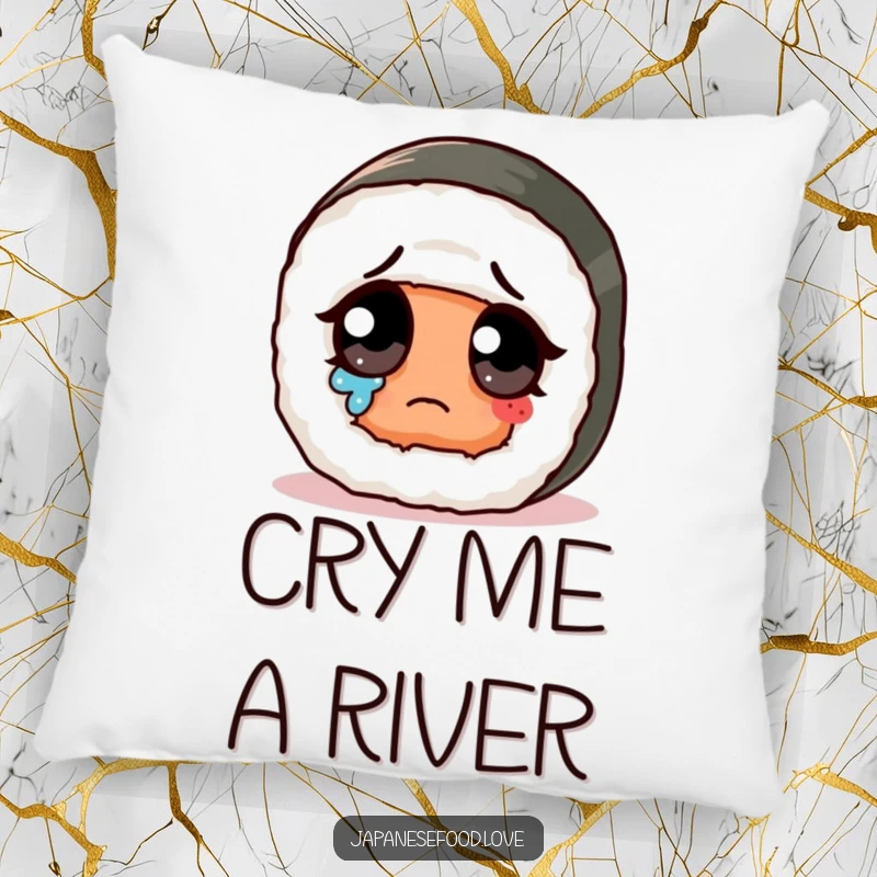 Funny sad cute sushi roll with giant eye wiping a tear on a pillow, a soft and humorous decorative item.