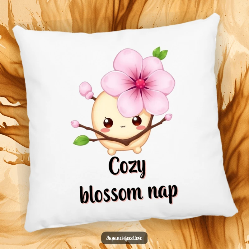 Funny pillow featuring a shy mochi with big eyes hiding behind a cherry blossom, a cute and humorous character, perfect for a funny gift.