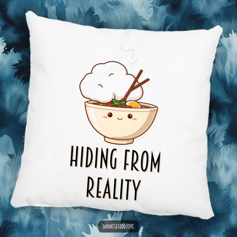 Funny pillow showcasing a shy ramen bowl character peeking from behind a steaming cloud, perfect for cozy, humorous relaxation.
