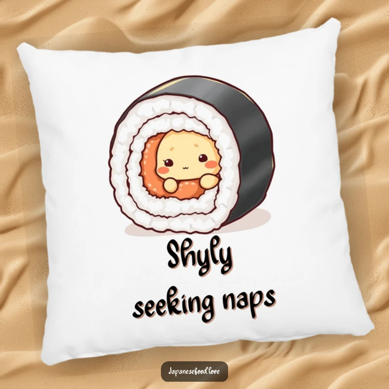 Funny pillow with a shy tempura character peeking around a big sushi roll, offering comfort and humor.