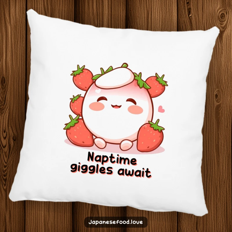 Funny Pillow with a super cute strawberry mochi character, rosy cheeks beaming as it lovingly giggles, perfect for sweet naps.