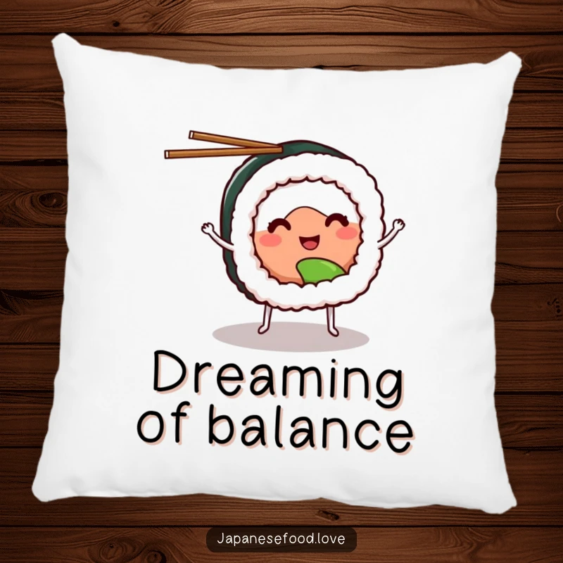 Funny sushi pillow featuring a smiling sushi roll with tiny legs, juggling chopsticks, adding comfort and humor.