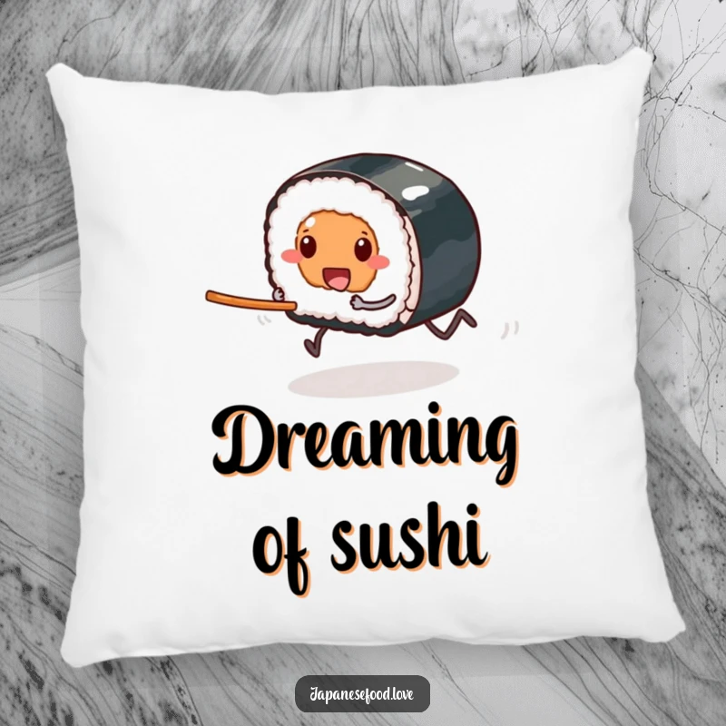 Funny pillow design of a sushi piece with tiny legs speeding towards a chopstick, embodying a hilarious eagerness for consumption.