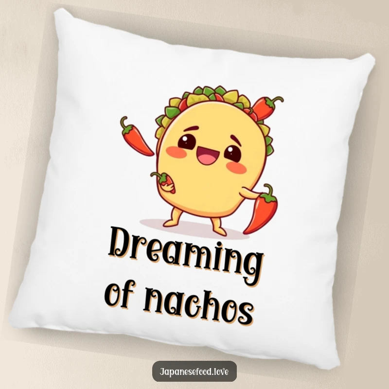 Funny pillow design of a grinning taco attempting to juggle three chili peppers, bringing whimsical food humor to any room.