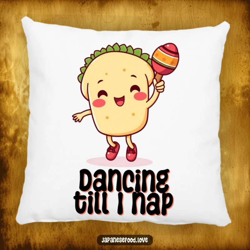 Funny taco pillow featuring a cute taco character happily dancing with a maraca, adding comfort and festive cheer.
