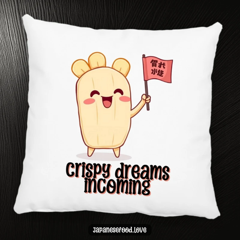 Funny pillow featuring a delighted tempura character enthusiastically waving a tiny flag, offering comfort and a cheerful accent.