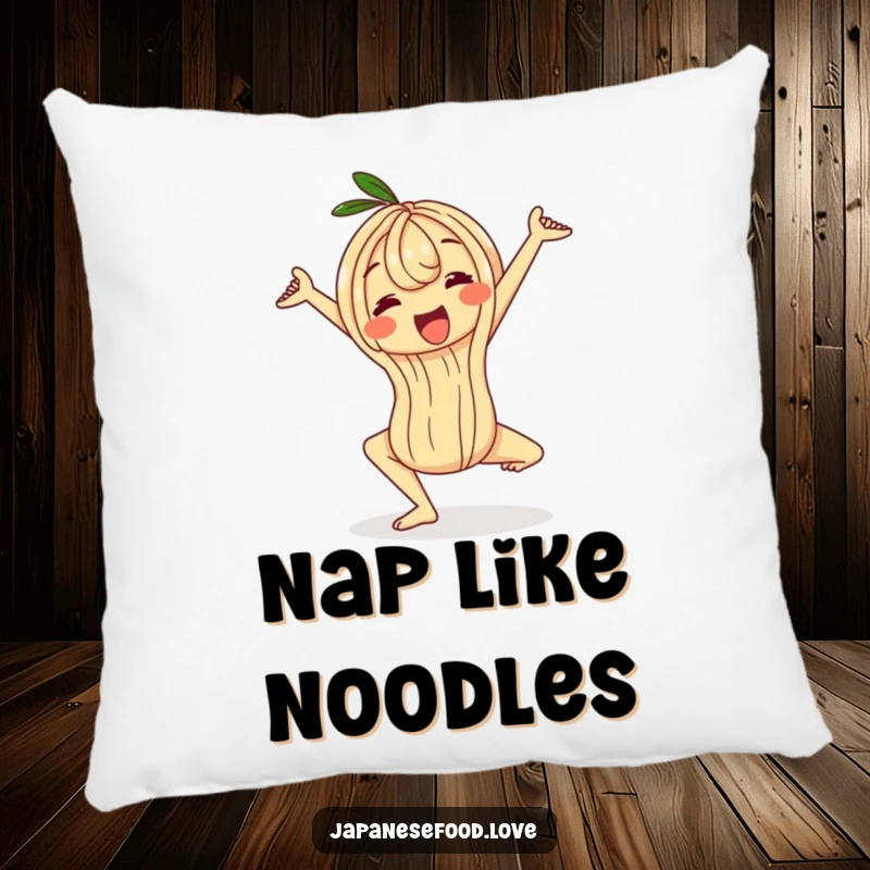 Funny wobbly ramen noodle pillow, a character in a stretchy yoga pose, soft and humorous decorative cushion for ultimate comfort.