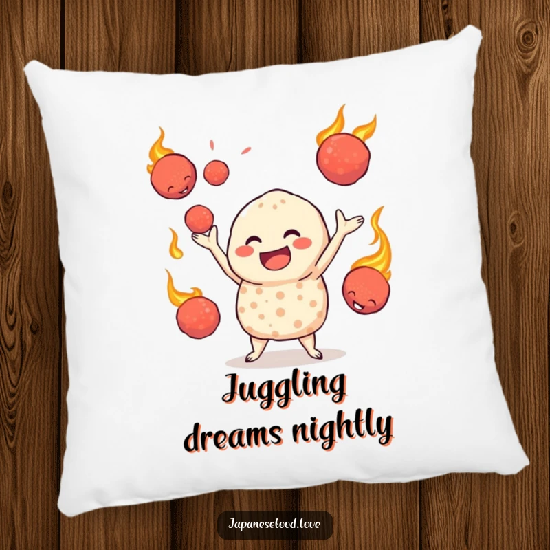 Funny pillow showcasing a jovial takoyaki character juggling with gusto, offering a comfortable and amusing addition to any room.