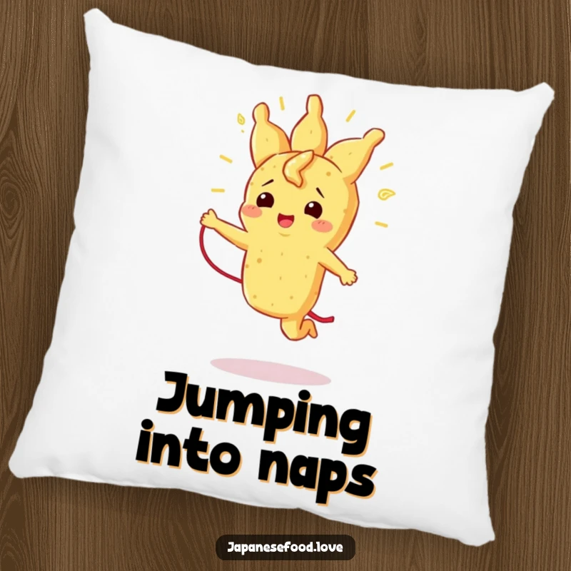 Funny pillow showcasing a cute tempura piece joyfully jumping rope with its strand, adding humor to any room.