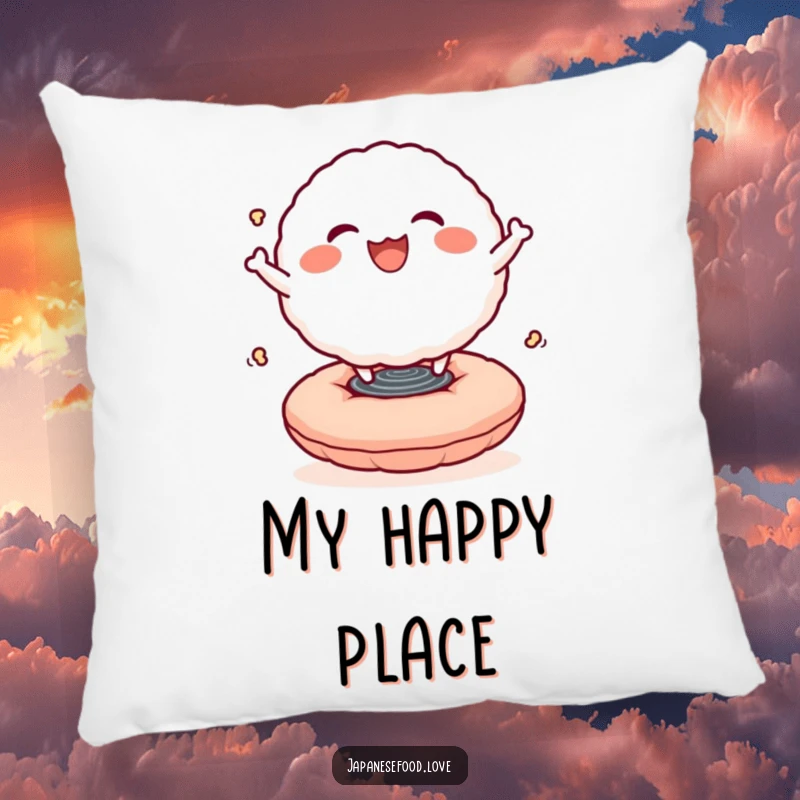 Funny pillow design of a smiling rice ball character happily bouncing on a springy cushion, offering comfort and a sense of joy.