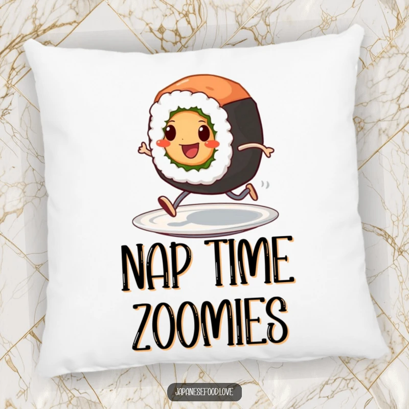 Funny pillow featuring a cheerful sushi roll character with tiny legs, sprinting across a plate, adding comfort and humor.