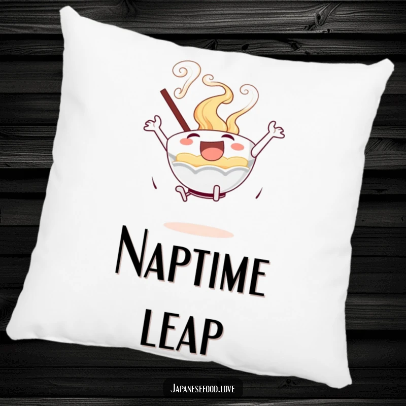 Soft pillow featuring an excited ramen bowl with swirling steam in a joyful leap, a fun accent piece.