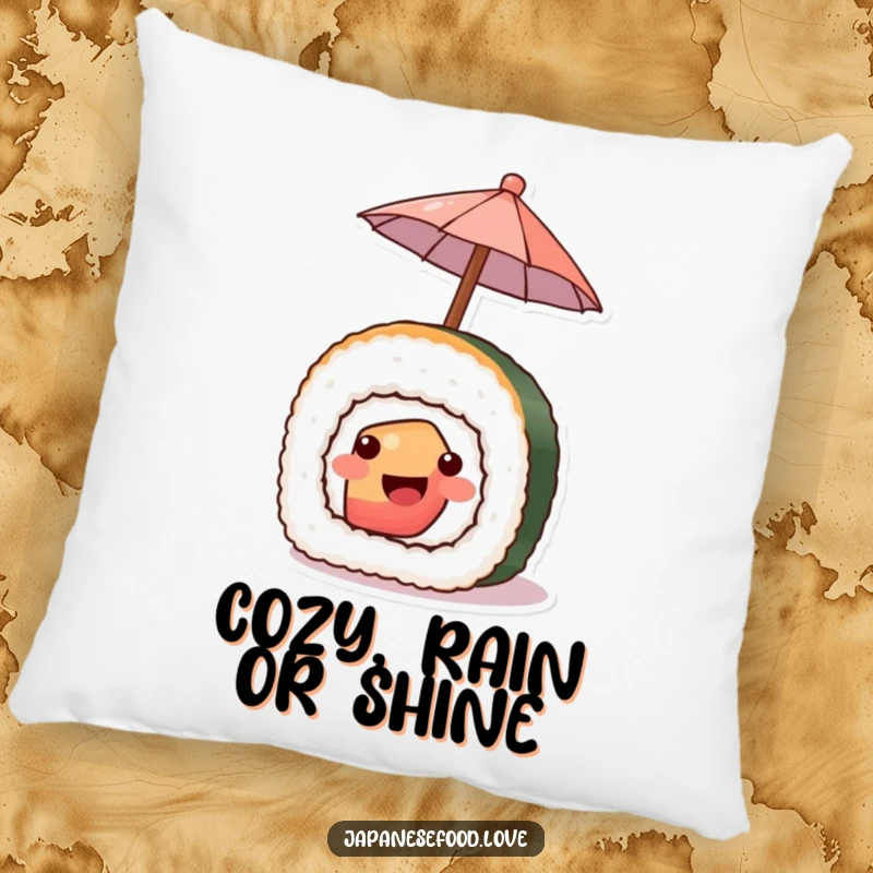 Funny pillow featuring a smiling piece of sushi holding a tiny umbrella, soft and amusingly protective.