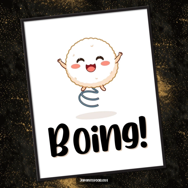 Funny digital art print of a cheerful rice ball character bouncing high on a spring, radiating happiness and fun.