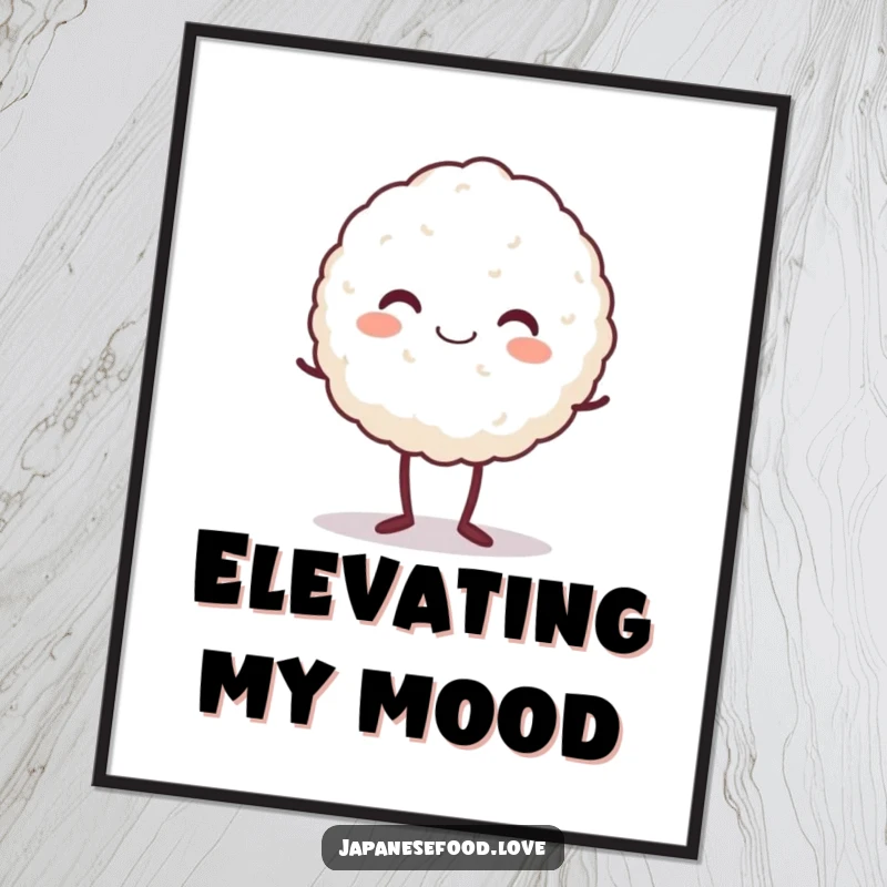 Funny digital art print of a beaming rice ball character standing on tiptoe, bringing happiness and cheer to any wall.