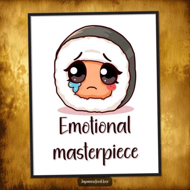 Funny sad cute sushi roll with giant eye wiping a tear on a digital art print, humorous and endearing.