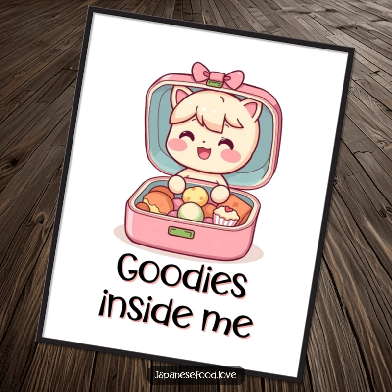 Funny Bento Box Digital Art Print: A cheerful bento box character beaming as it opens to reveal its delicious tiny treats, full of humor.