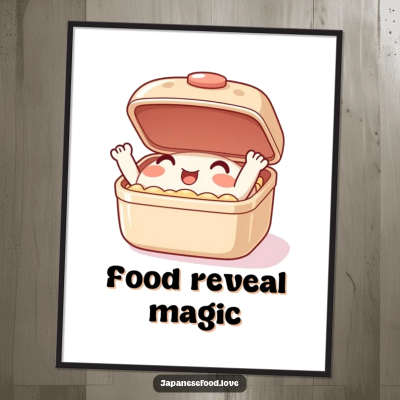 Funny digital art print of a happy bento box character enthusiastically opening and closing its lid, adding a lively touch.