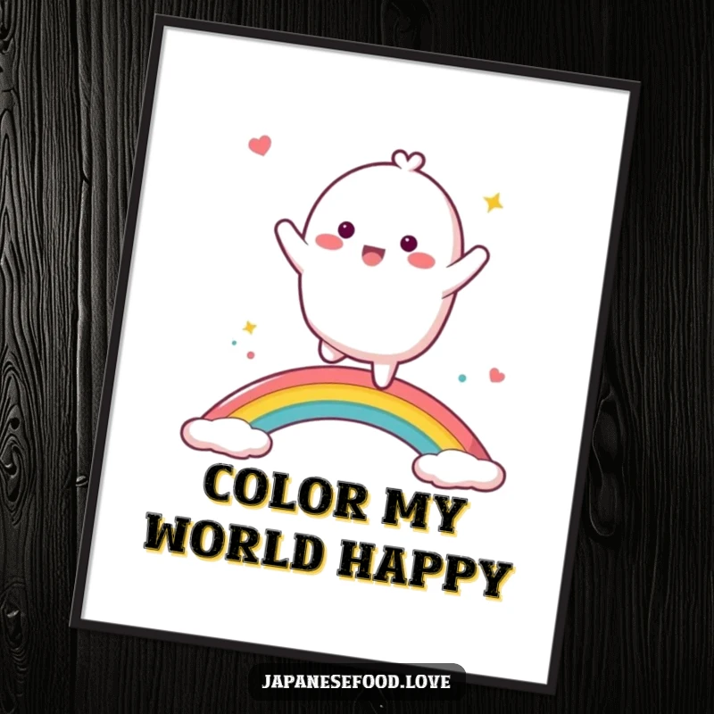 Funny mochi character dancing energetically on a swirling rainbow, a joyful and humorous digital artwork.