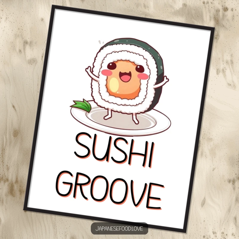 Funny Sushi Digital Art Print: a sushi roll with legs dances happily on a plate, bringing culinary humor and cheerful vibes.