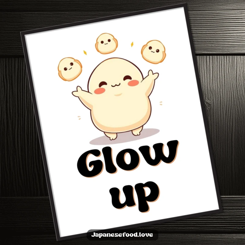 Funny digital art of a plump dumpling character joyfully juggling three glowing dumplings, radiating happiness and impressive talent. Instantly downloadable.