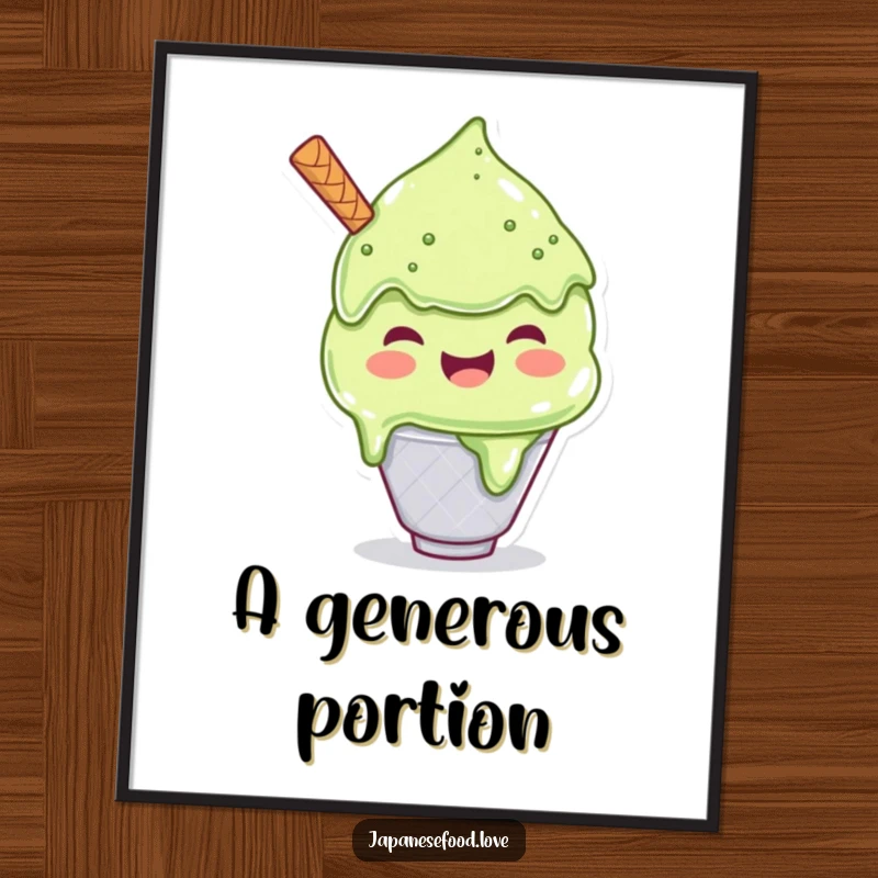 Funny digital art print of a joyful matcha ice cream character scooping a massive portion, ideal for instant wall art downloads.