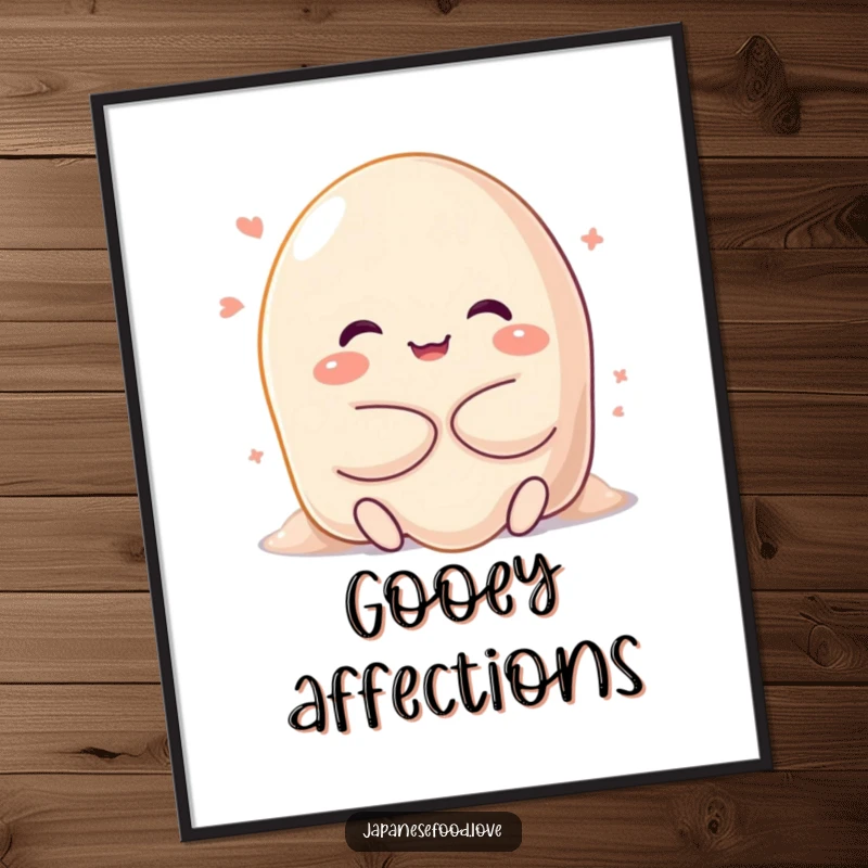 Funny digital art print of a happy, sweet mochi character melting into a soft, gooey hug, embodying warmth, comfort, and irresistible cuteness.