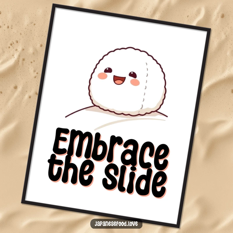 Funny digital art print of a grinning onigiri rice ball character hilariously sliding down a gentle slope.
