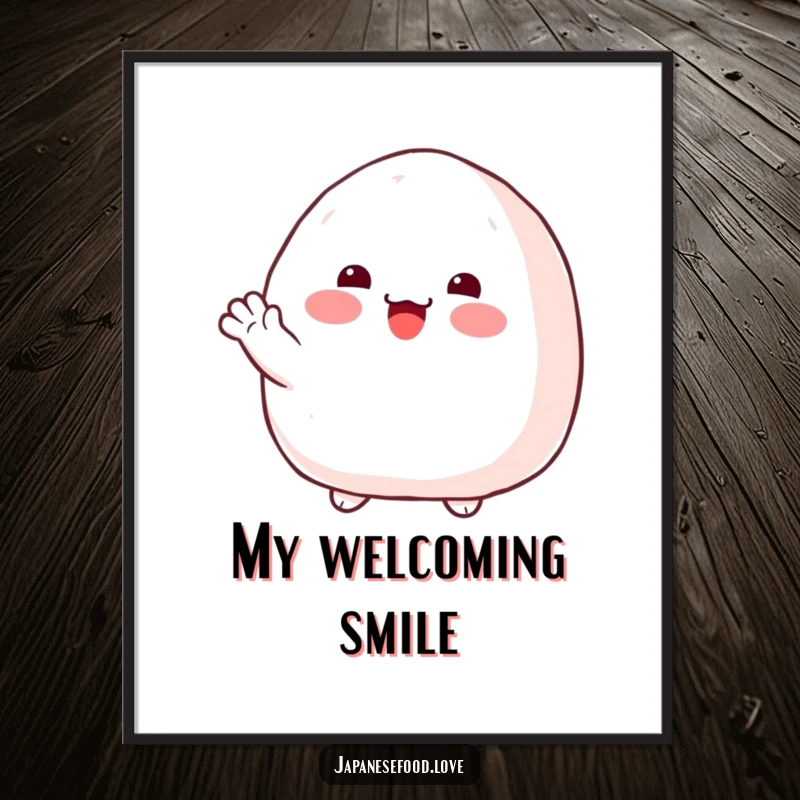 Funny onigiri digital art print of a plump rice ball with rosy cheeks, offering a friendly wave.