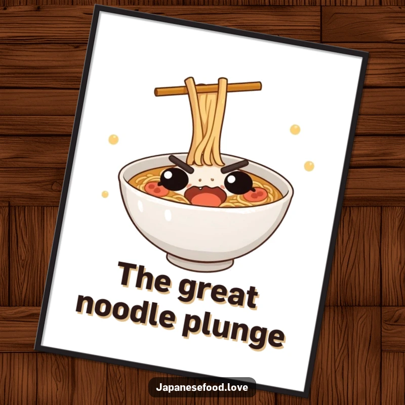 Funny Ramen Dive Digital Art Print: A cute ramen bowl humorously attempting a dive, perfect for digital display.