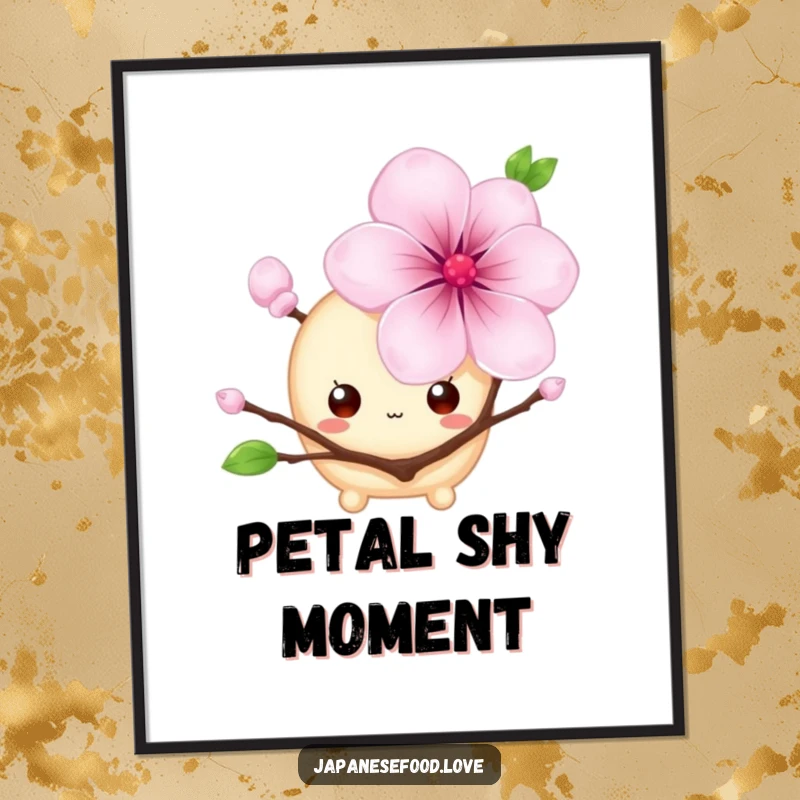 Funny digital art print of a shy mochi with big eyes hiding behind a cherry blossom, a kawaii and humorous character design, perfect for instant download and as a funny gift.