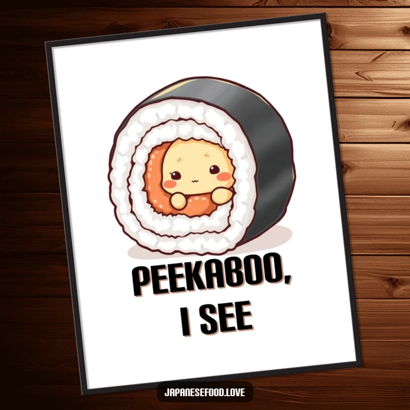 Funny printable art of a shy tempura character peeking from behind a sushi roll, ideal for wall decor humor.