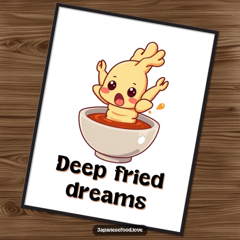 Funny tempura shrimp digital art print, a shocked shrimp jumping out of sauce, downloadable quirky and humorous food-themed artwork.