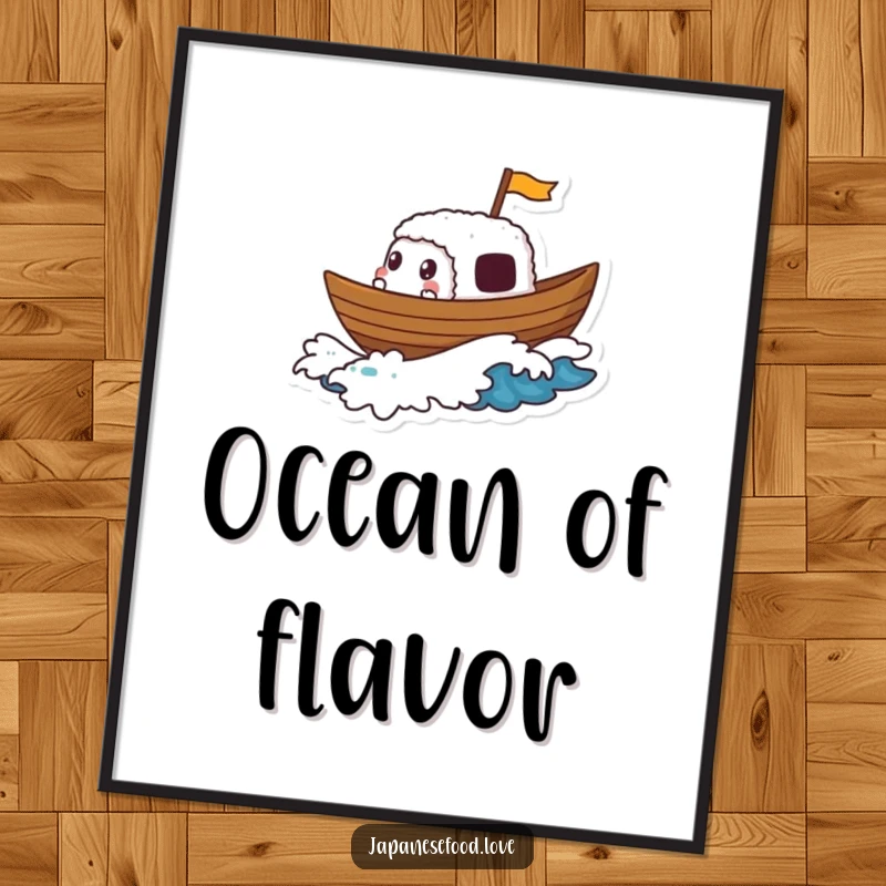 Funny digital art print of a sushi boat character gleefully sailing on a small, foamy wave, a whimsical maritime artwork.