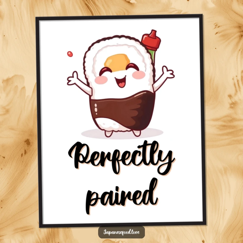 Funny digital art print of a happy sushi roll hugging a smiling soy sauce bottle, a humorous and adorable depiction.