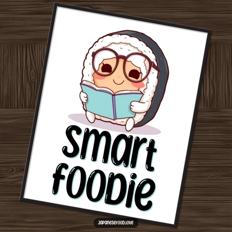 Funny Sushi Digital Art Print: Smiling sushi roll with spectacles reading, adding humorous intellect and charm to wall decor.