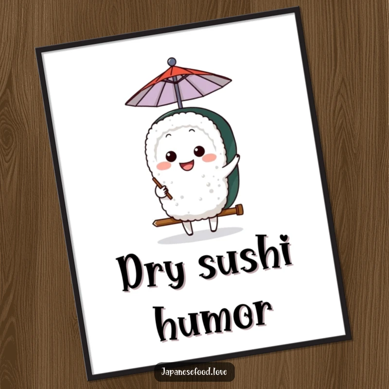 Funny Sushi Umbrella Digital Art Print: A grinning sushi character humorously holding a small umbrella, bringing quirky fun to digital spaces.