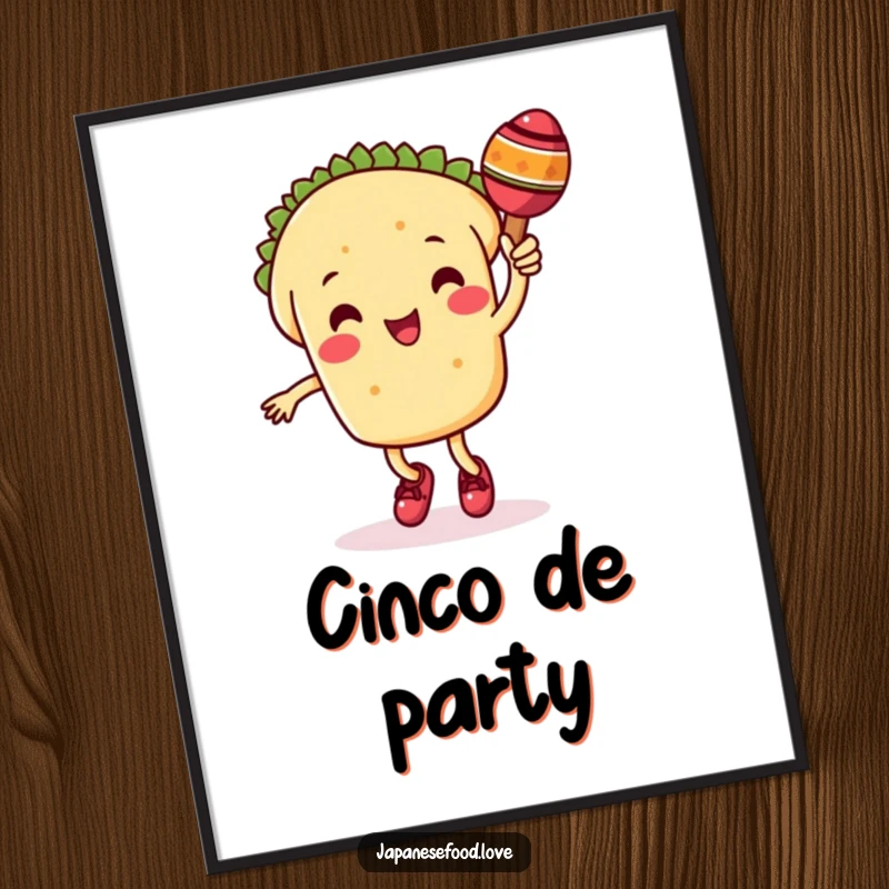 Funny digital art print of a cute taco character happily dancing with a maraca, creating an instant fiesta atmosphere.