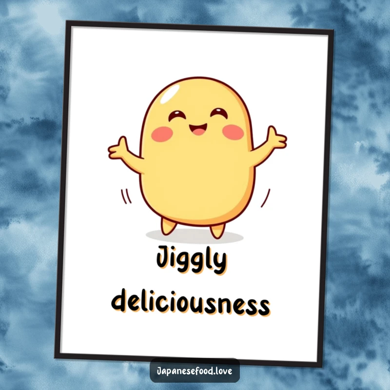 Funny digital art print of a smiling tamagoyaki character attempting a wiggly dance, adding food humor to your decor.