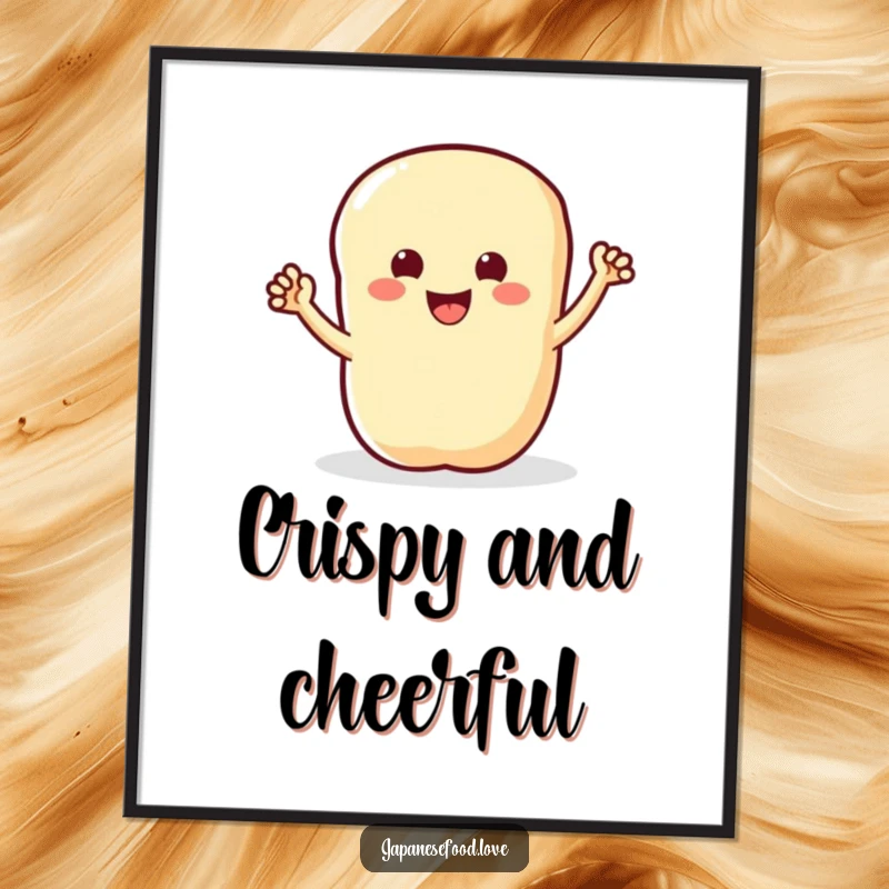 Funny digital art print of a smiling tempura piece with small arms waving energetically, perfect for framing.