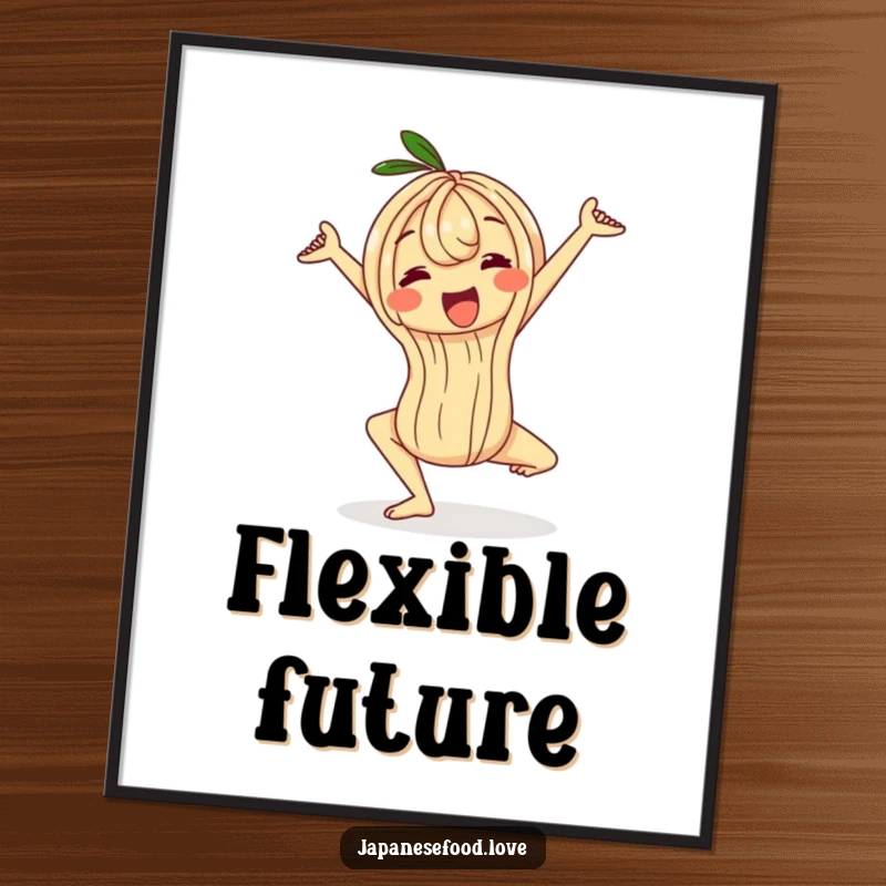 Funny wobbly ramen noodle digital art print, a character performing a yoga pose, humorous and calming downloadable artwork for digital spaces.