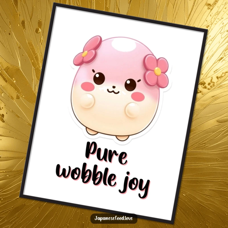 Funny digital art print of a wobbly sakura mochi character wobbling with pure delight, ideal for immediate wall art downloads.