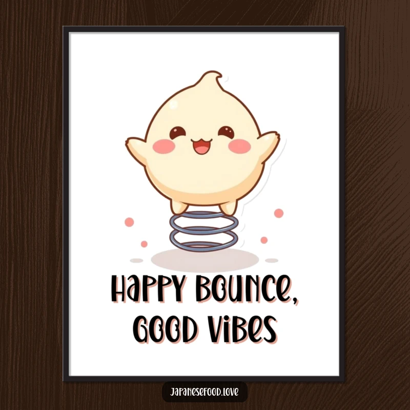 Funny digital art print of a delighted mochi character joyfully bouncing high on a spring, radiating happiness.