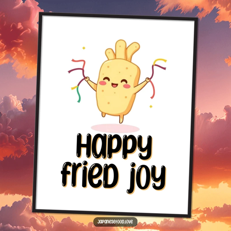 Funny Tempura Digital Art Print: Happy fried food dancing with streamers, adding humorous energy and celebration to wall decor.