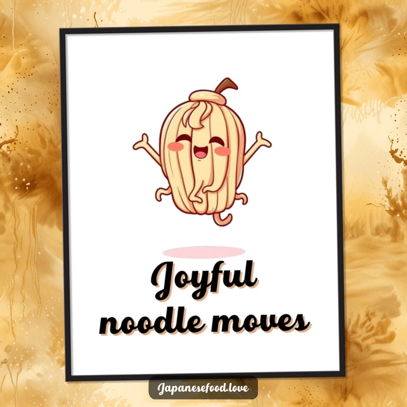 Funny printable art of a dancing udon noodle character with exaggerated, joyful movements, ideal for lively wall decor.