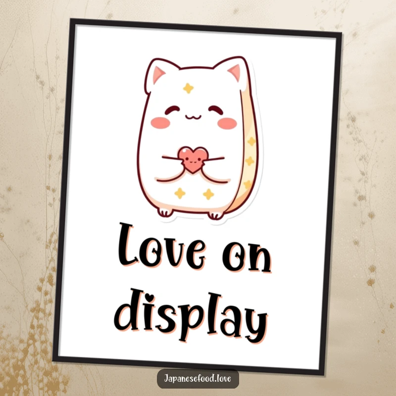 Funny Taiyaki digital art print showing a smiling pastry character sharing a tiny heart, perfect for instant download.