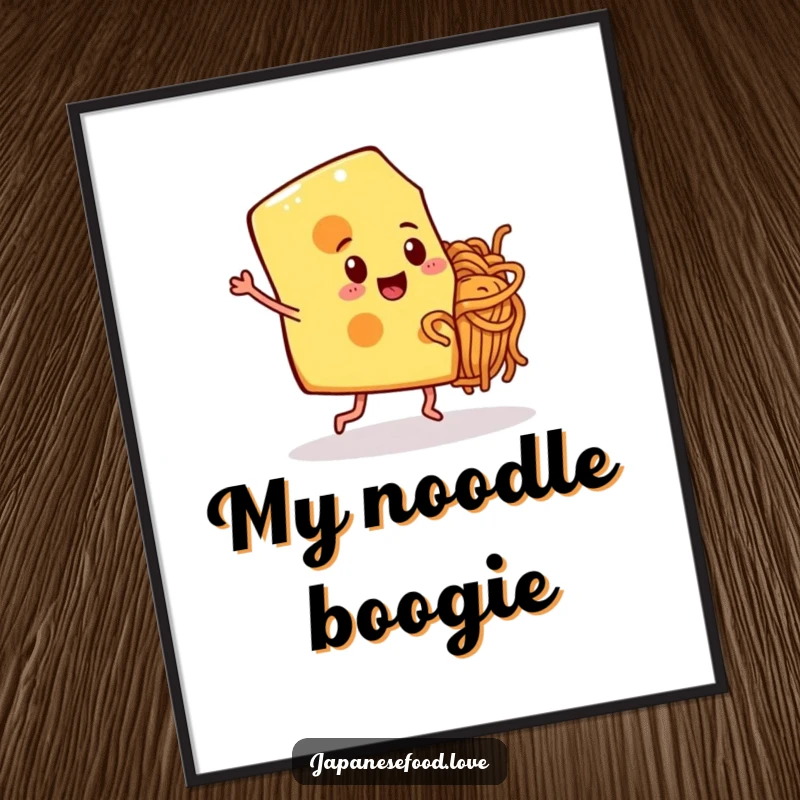 Funny illustration of a dancing cheese slice with legs and a noodle friend, downloadable art for immediate home decor.