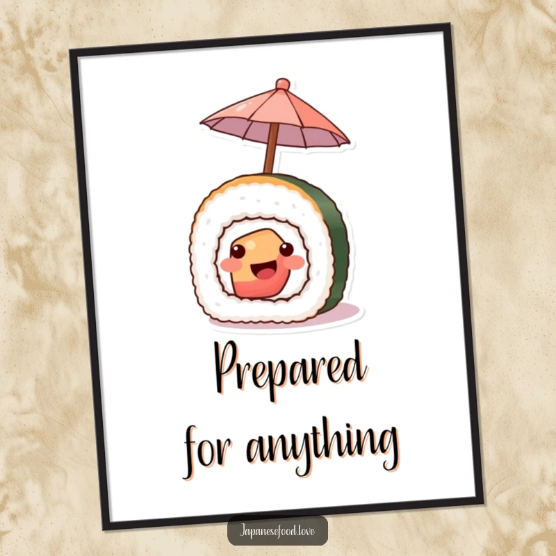 Funny digital art print of a smiling piece of sushi holding a tiny umbrella, a humorous Japanese food illustration.